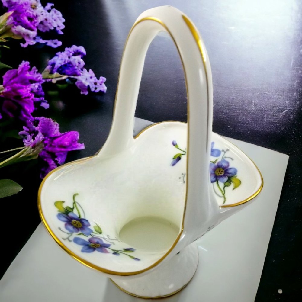 Fine Bone China Purple Pansies Ornamental Basket Crown Staffordshire England
